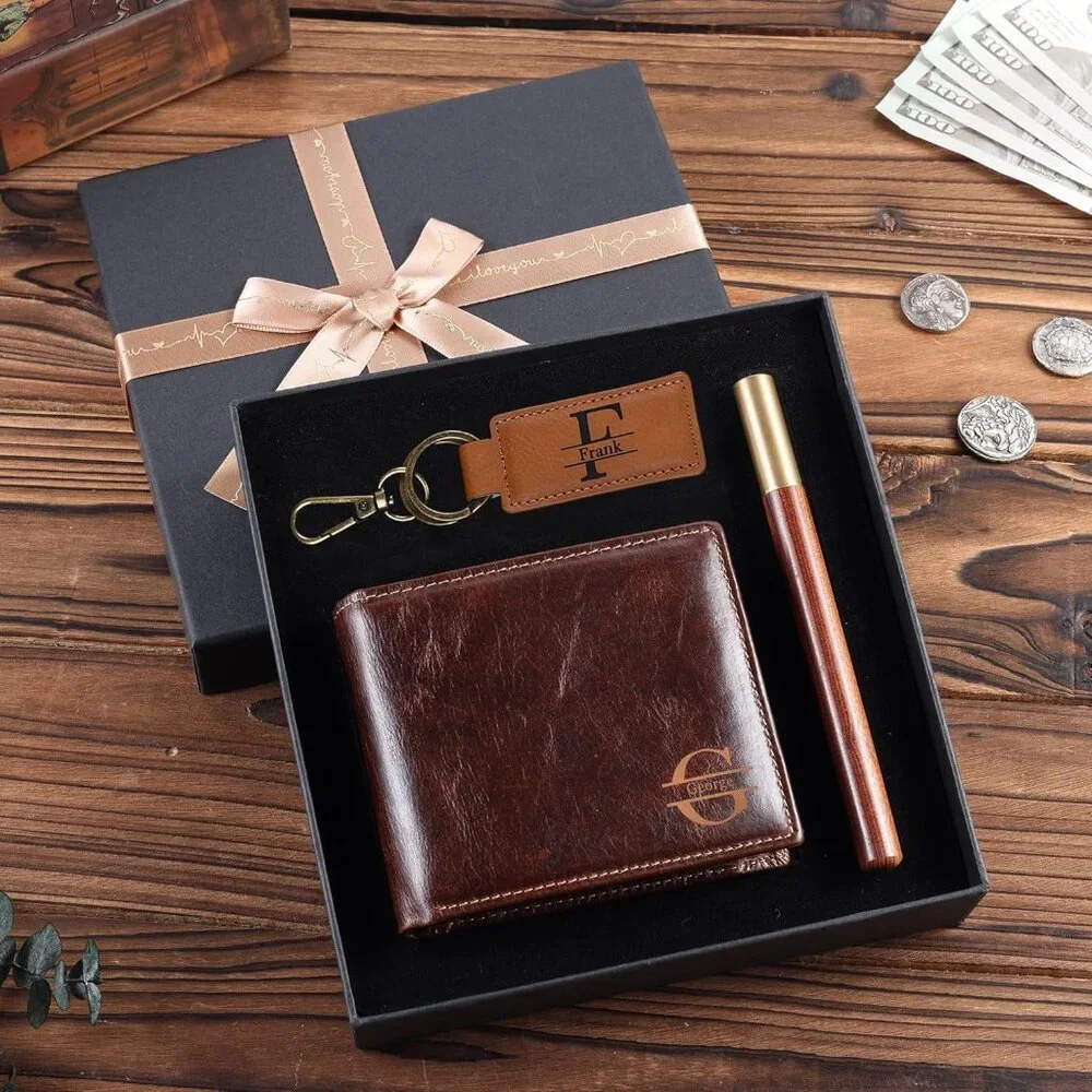 Mens Wallet, Father's Day Gifts, Personalized Leather Wallet Gifts Set,